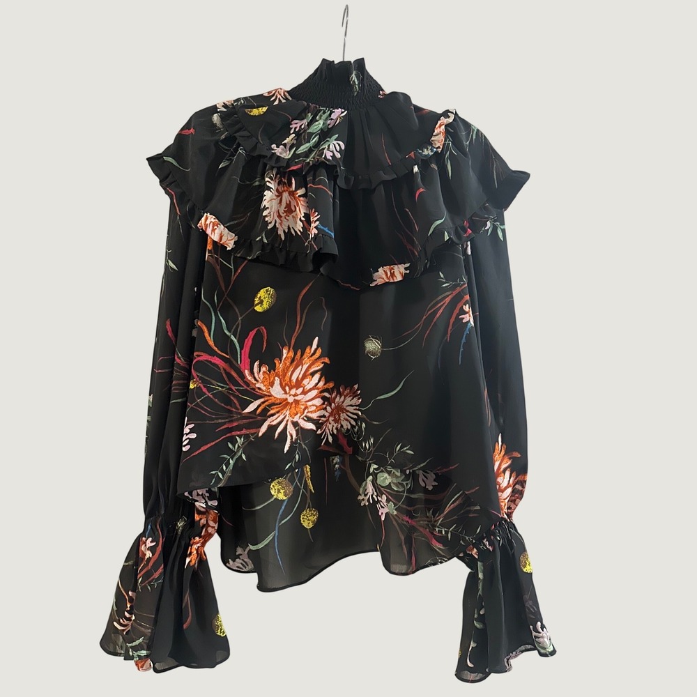 H&M Victorian Floral Ruffle Blouse Black Smocked High Neck Bell‎ Sleeve Large